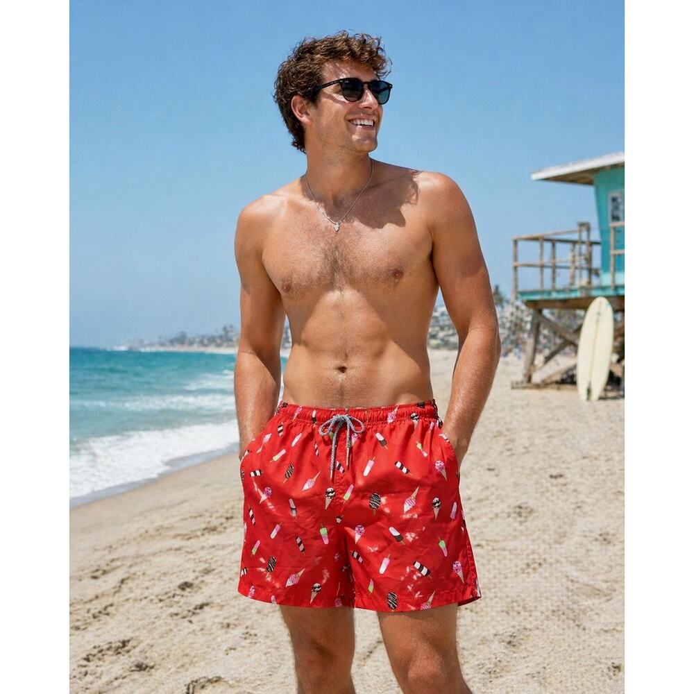Rainforest Ice Cream Print Swim Trunks Men M Red Novelty Beach Shorts Mesh Lined